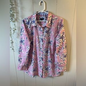 Talbots Long Sleeve Button up Shirt Pink Blue White Floral Print
